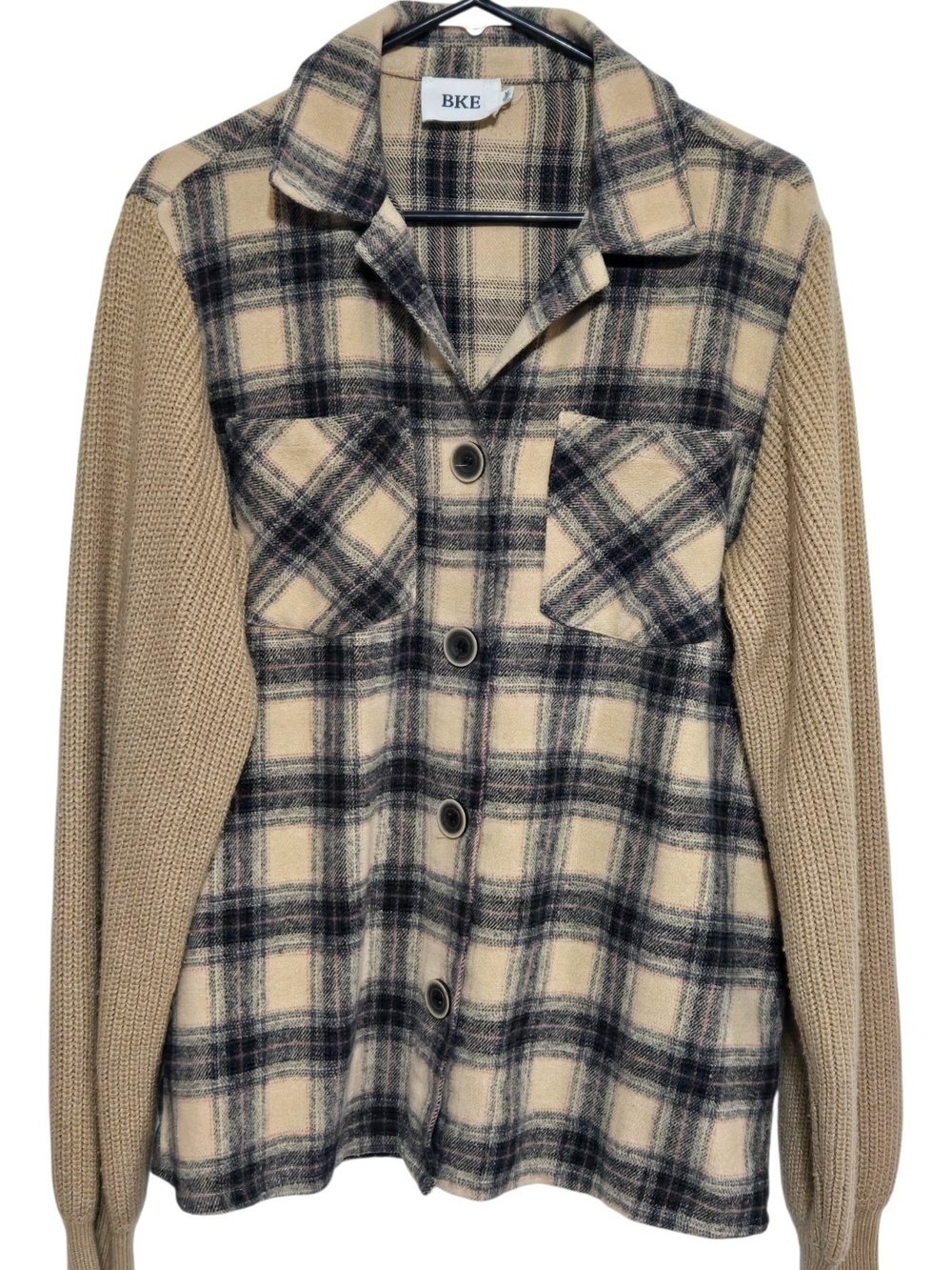 BKE Women's Beige Plaid Button-Up Jacket with Knit Sleeves